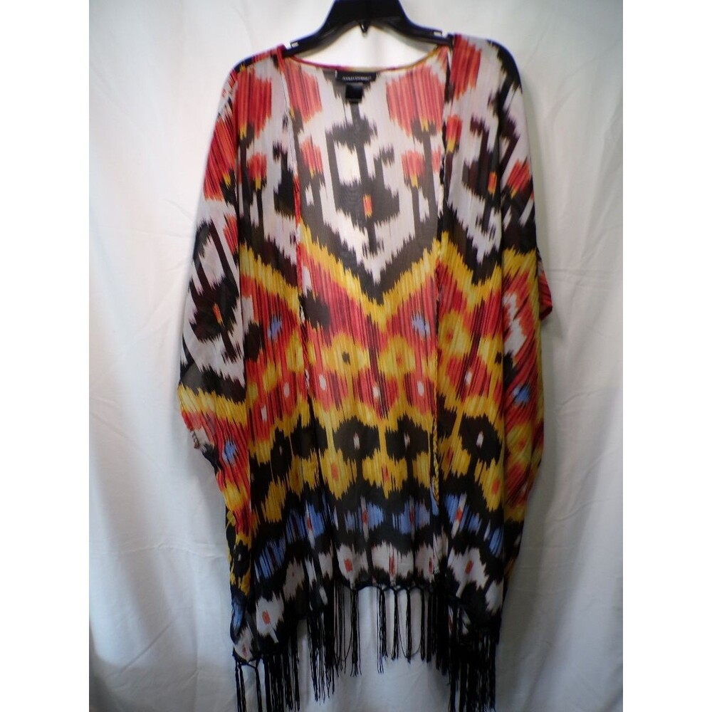 Ashley Stewart Women's Multicolor Geometric Fringe Tunic Blouse Kimono Top 1X